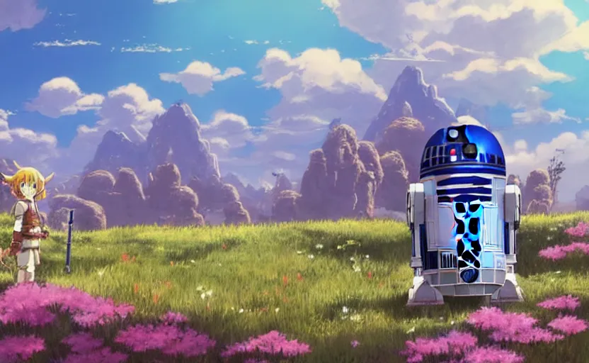 Image similar to R2D2 and Link are traveling together. Fantastic anime sunny meadow with flowers, lone old Oak in the middle plane and mountains on the background, by Hayao Miyazaki, Nausicaa, Ghibli, Breath of the wild, Anime wallpaper