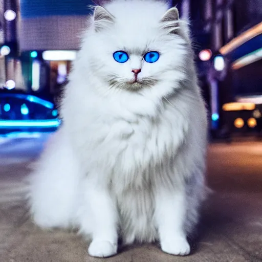 Prompt: a white fluffy cat dressed in cyberpunk aesthetics. 4k high quality exquisite.