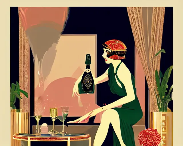 Prompt: 1 9 2 0 s teenager in art deco style, champagne commercial, artstation, illustration, bright, cheerful, detailed and intricate environment