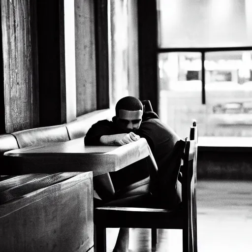 Prompt: drake sitting down in a dimly lit cafe black and white photo realistic 4 k hd