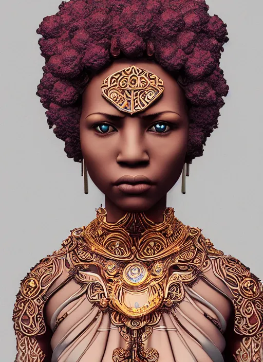 Prompt: a photo - real delicate sculpture of an ornate detailed black woman in front of a intricate background by aj fosik, curly hair, micro detail, backlit lighting, octane renderer, colorful, physically based rendering, tribal art, trending on cgsociety