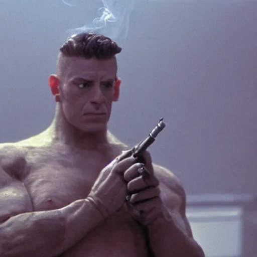 Prompt: cinematic, 4 k, full body portrait, rock golem as a soldier smoking a cigarette, still from the movie universal soldier