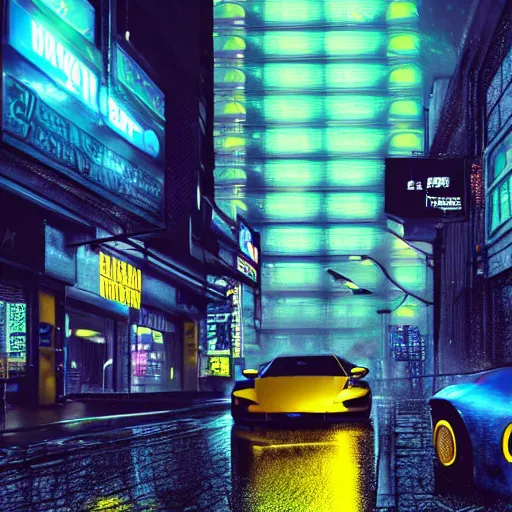 Prompt: highly detailed photorealistic batman in rain, cyberpunk city street, blue and yellow neon lights, highly detailed reflection, studio quality 8k ultra high definition render, trending on ArtStation, concept