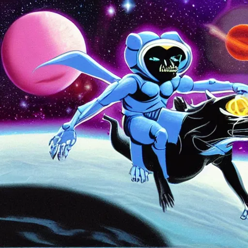 Image similar to skeletor riding a giant black cat in outer space