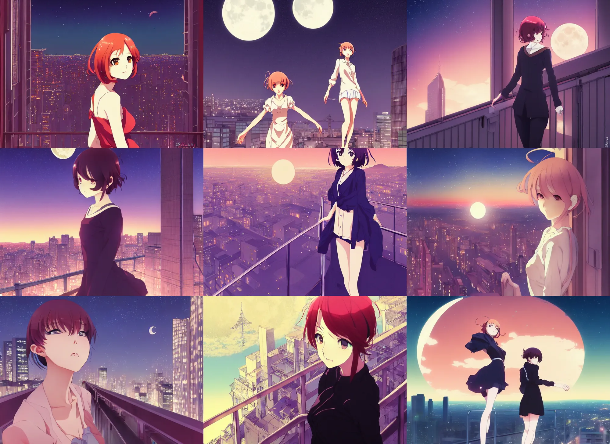 Prompt: anime visual, portrait of an elegant female sightseeing above the city at night, guardrail, moon, beautiful face by yoh yoshinari, katsura masakazu, dynamic pose, dynamic perspective, strong silhouette, ilya kuvshinov, mucha, anime cels, 1 8 mm lens, rounded eyes, moody, intricate face