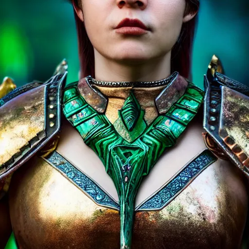 Prompt: cute warrior queen with malachite armour, highly detailed, 4k, HDR, smooth, sharp focus, hyper realistic, high resolution, award-winning photo