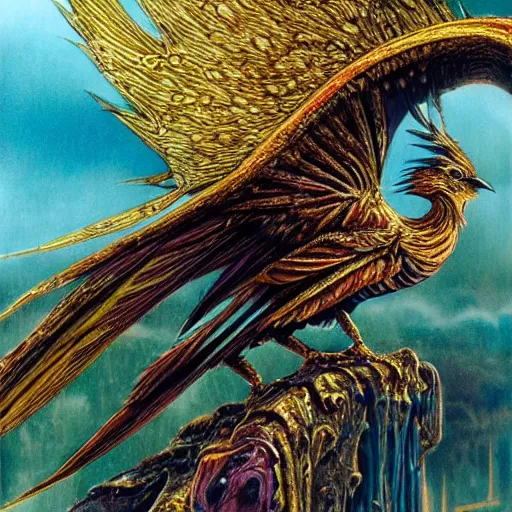 Image similar to colorful bird, golden crown, from overlord, close up, fantasy, intricate, elegant, highly detailed, digital painting, artstation, concept art, sharp focus, illustration, art by luis royo, wayne barlowe, kirsi salonen, asya yoranova and alan lee