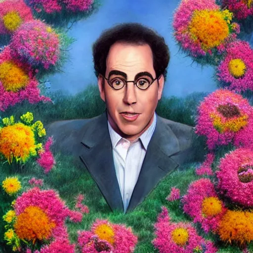 Prompt: Seinfeld made out of flowers, surreal landscaping in the background, portrait by Esao Andrews, concept art, existential horror, 4k HD, trending on ArtStation episode