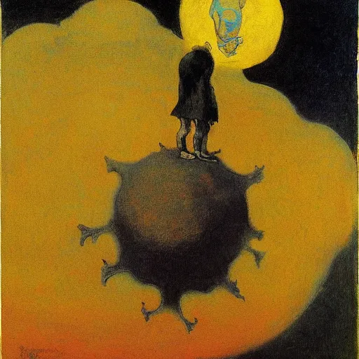 Prompt: the emperor of giants swallows the moon, by Odilon Redon, by Francisco Goya, by M.C. Escher, oil on canvas, beautiful, eerie, surreal, colorful