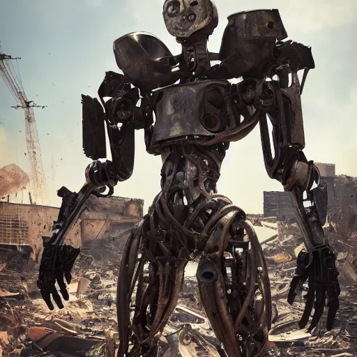 Image similar to a female humanoid robot in a destroyed warzone, damaged armor, vfx, fire, warzone, flames, scrap metal, dirty, dinged, scratched, damaged, complex lighting, trending on artstation, VFX, movie, nvidia, detailed, lighting, shadows