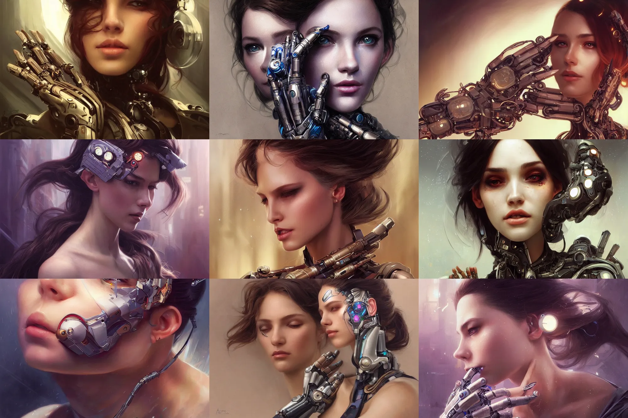 Prompt: Ultra realistic illustration, robotic hand's make up a beautiful woman face, cyberpunk,sci-fi, fantasy, intricate, elegant, highly detailed, digital painting, artstation, concept art, smooth, sharp focus, illustration, art by artgerm and greg rutkowski and alphonse mucha