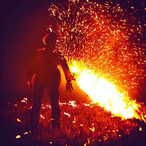 Image similar to “burning glowing scarecrow on fire engulfed in flames in a cornfield at darkest midnight, glowing embers raining down from the sky. Flash photograph.”