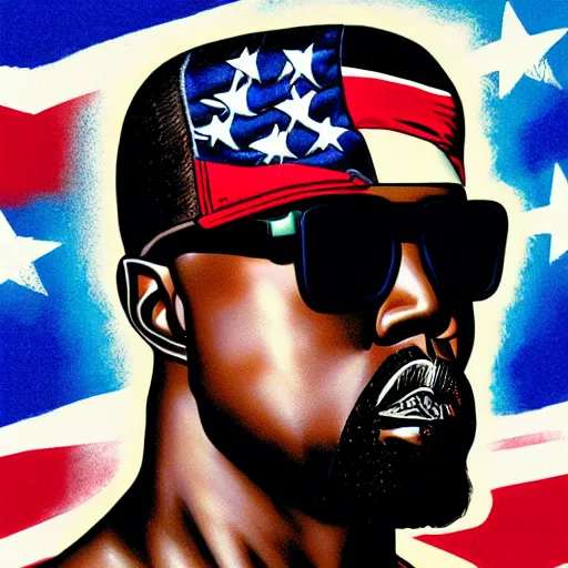 Prompt: portrait of kanye west, sunglasses, patriot, maga, america, by yoichi hatakenaka, masamune shirow, josan gonzales and dan mumford, ayami kojima, takato yamamoto, barclay shaw, karol bak, yukito kishiro