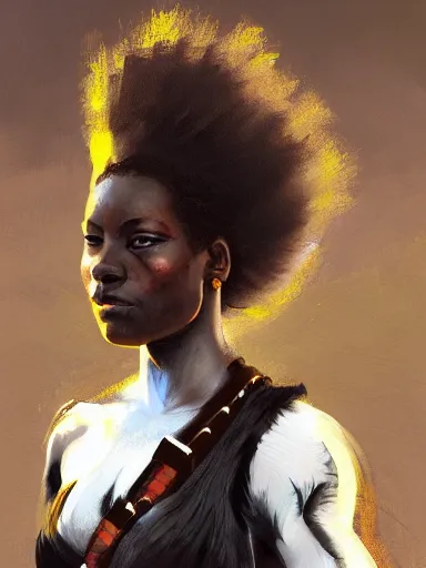 Image similar to painting of a black female zulu warrior, dynamic lighting, realistic, symmetrical, illustration,, in the style of, krenz cushart, artem demura