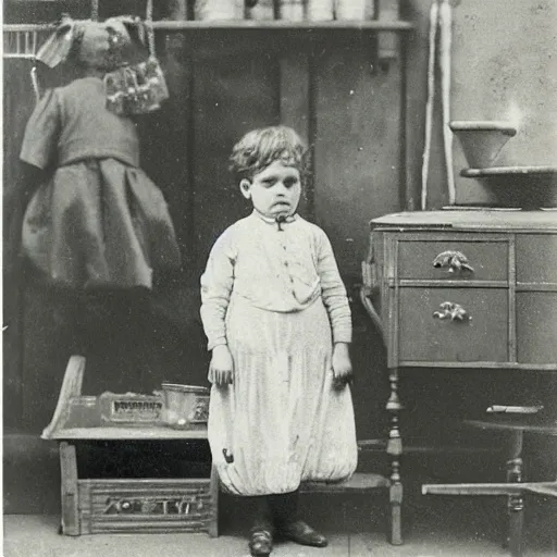 Image similar to victorian child standing in a dill maker's shop