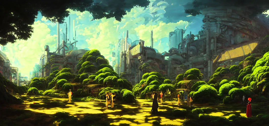 Image similar to baroque oil painting of anime key visual environment concept art of a garden of eden in a cyberpunk world, brutalist, dark fantasy, apocalyptic, rule of thirds, digital cel shading, fake hidden detail, trending on pixiv fanbox, acrylic palette knife and brush, style of makoto shinkai studio ghibli jamie wyeth james gilleard greg rutkowski