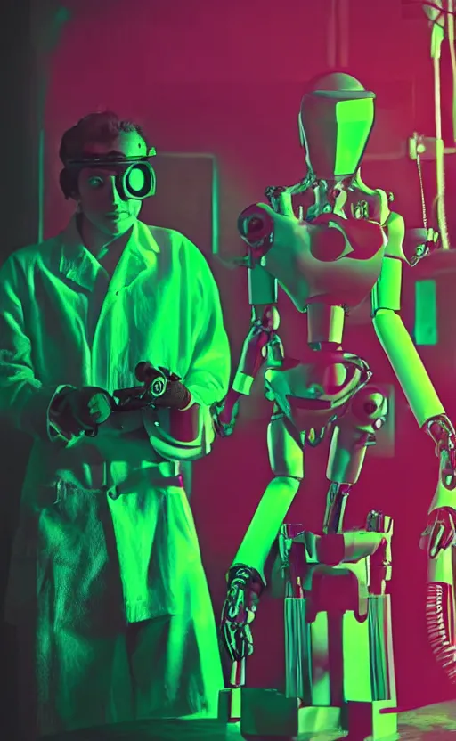 Image similar to A female mad scientist in a darkly lit laboratory constructing a robot suited man, 1950s horror film movie poster style, saturated pink and green lighting