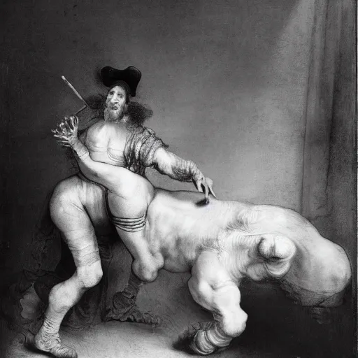 Prompt: stage magician turning his sexy assistant into a mare, rembrandt