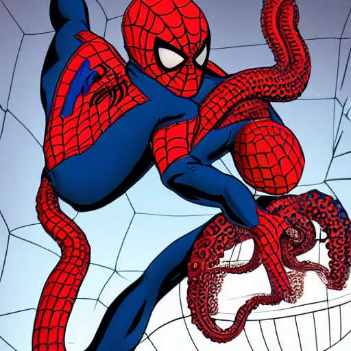 Image similar to octopus attacking and suffocating spiderman, photorealistic
