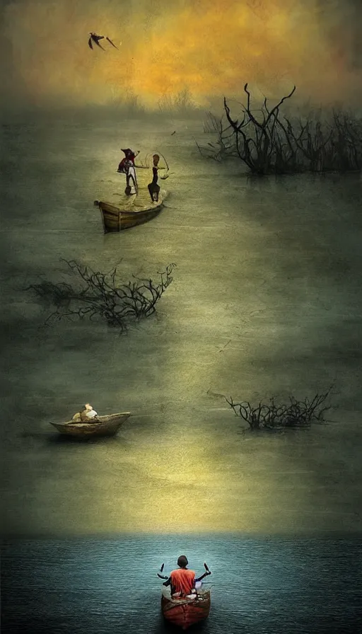 Image similar to man on boat crossing a body of water in hell with creatures in the water, sea of souls, by peter holme iii