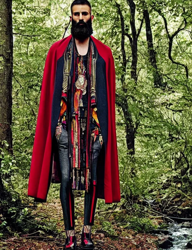 Prompt: full body shot longshot modern intricate textile ancient greek himation pallium cloak shaved head full beard walking along the small creek in the woods marc jacobs gucci magazine cover