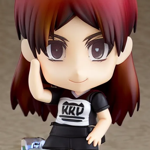 Image similar to nendoroid of a girl with a red sidecut, brown eyes and emo clothes