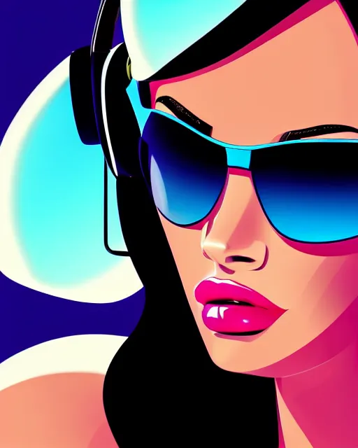 Prompt: closeup beautiful retro future megan fox varga girl wearing headphones and sunglasses, glamour pose, jetsons, windblown dark hair, seductive, hyper detailed, digital art, studio lighting, smooth, ambient volumetric lighting, sharp focus, patrick nagle, 1 9 4 6, synthwave