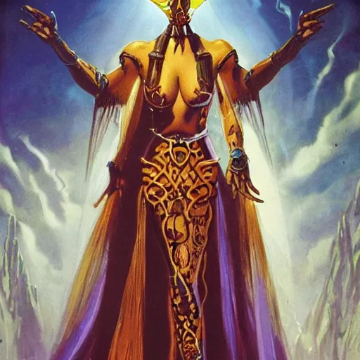 Image similar to seductive, clothed science fiction mutant byzantine priestess with long neck and geometric headdress and mask, by boris vallejo, deak ferrand, and greg rutkowski