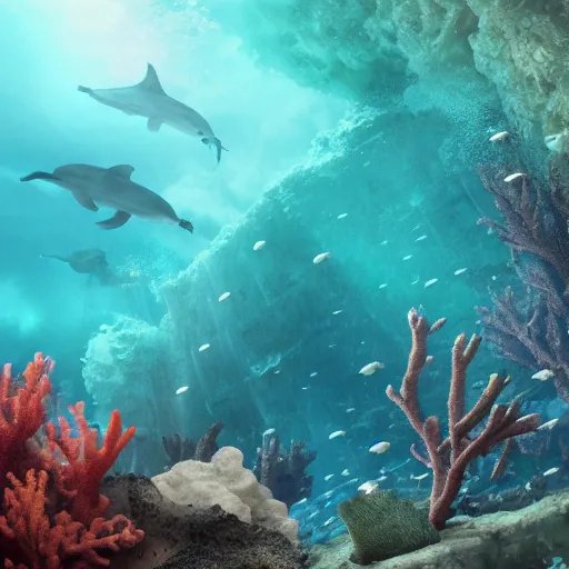 Prompt: underwater shipwreck surrounded by coral and dolphins, shallow depth of field, moody lighting, 8 k, concept art,