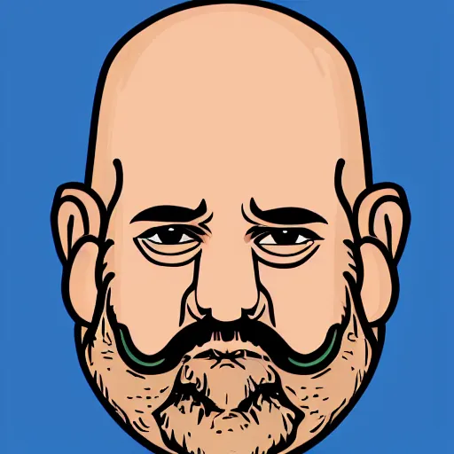 Image similar to bald man with big ears and a fumanchu beard drawn in the style of mike judge