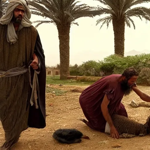 Image similar to cinematic still of angered middle eastern skinned man in ancient Canaanite farmer clothing stabbing a middle eastern skinned shepherd in ancient Canaanite shepherd clothing, garden background, directed by Christopher Nolan