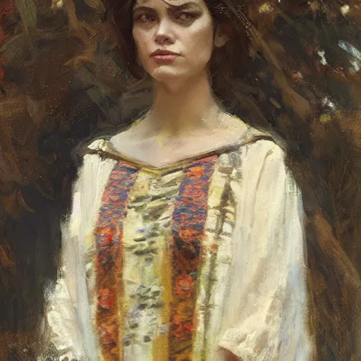 Image similar to Richard Schmid and Jeremy Lipking portrait painting of a young beautiful woman priestess in elaborate costume