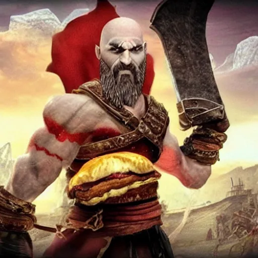 Prompt: kratos from god of war eating a cheeseburger