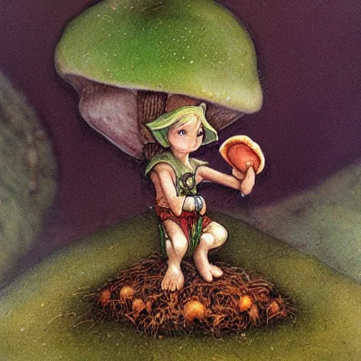 Prompt: tiny elf under a mushroom by brian froud