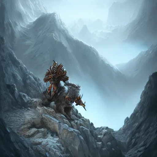 Prompt: mountain king, full body, on misty mountain, troll, epic and mystical, volumetric lighting, super detailed intricate, in the style of Filipe Pagliuso on Artstation