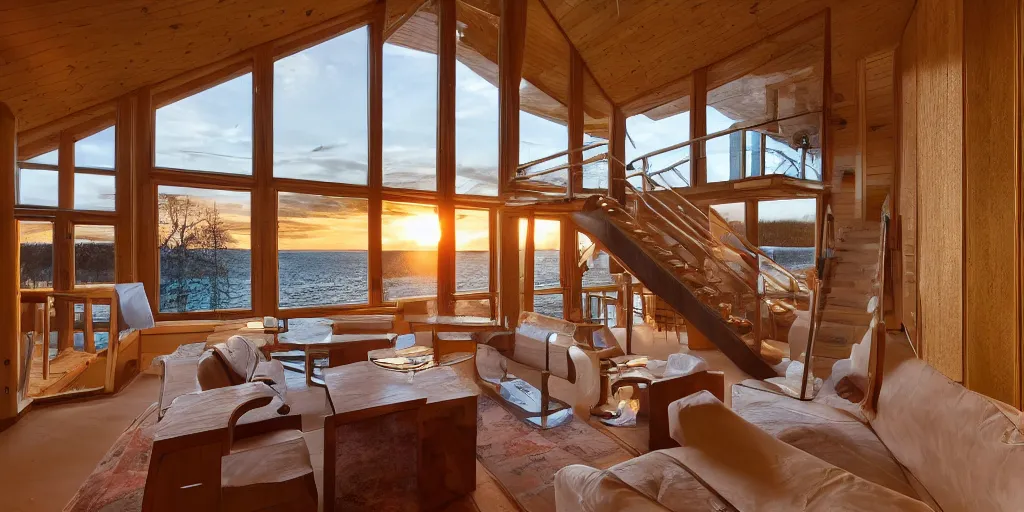 Image similar to a sunlit indoor lounge area with an indoor pool with clear water next to a big window, a wooden staircase goes up to an upper half floor of the cabin, taken during sunset (golden hour)