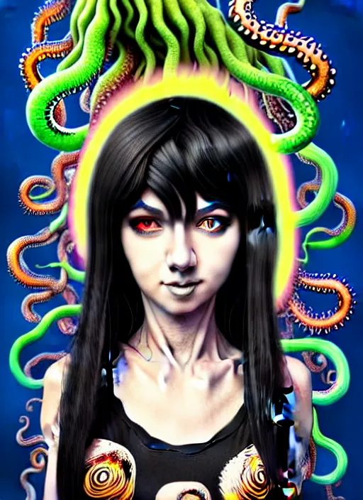 Image similar to richly detailed colored pencil 3D illustration of a beautiful woman with silky straight black hair with iridescence wearing a Nirvana band Tshirt and short black shorts, she staring at the camera happily while being surrounded by slimy tentacles, art by Range Murata and Artgerm.