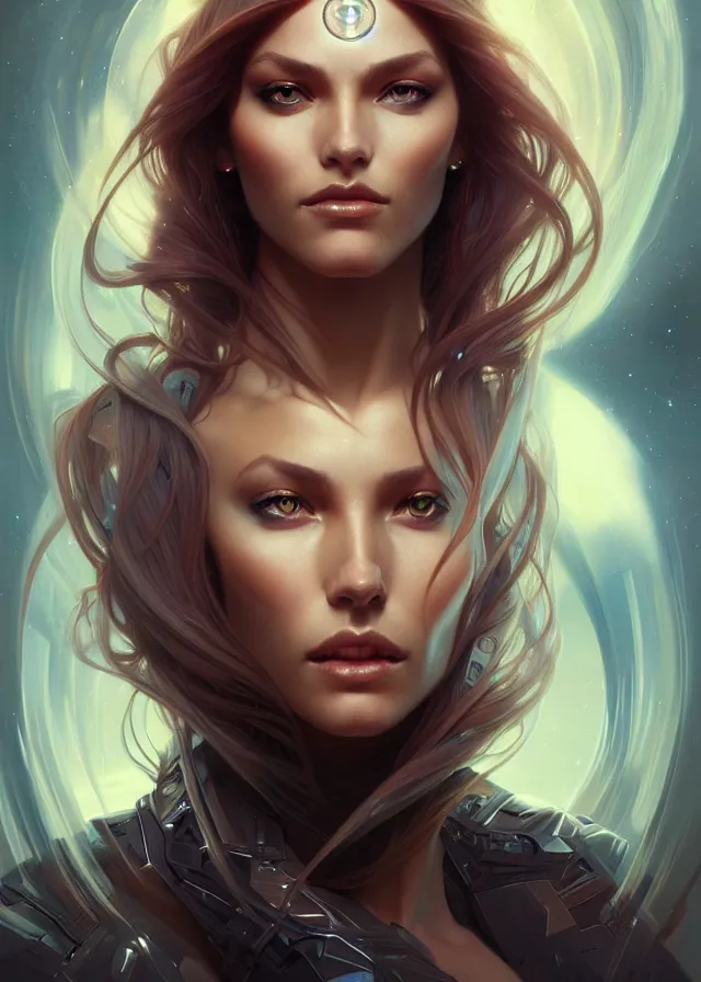 Image similar to futuristic woman portrait, sci-fi, amber eyes, face, long hair, fantasy, intricate, elegant, highly detailed, digital painting, artstation, concept art, smooth, sharp focus, illustration, art by artgerm and greg rutkowski and alphonse mucha