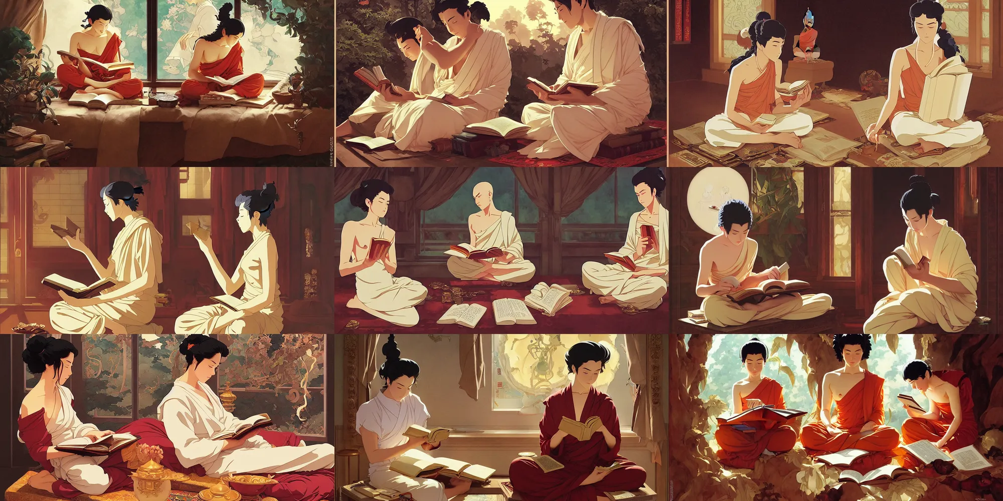 Prompt: buddhism, reading book, in the style of studio ghibli, j. c. leyendecker, greg rutkowski, artem