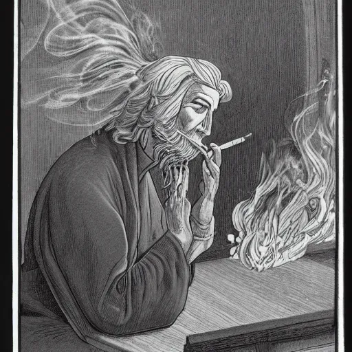 Prompt: highly detailed figure of a person with long white hair coming depicted as smoke coming out from smoking pipe, meditation, comic art, intricate, elegant.