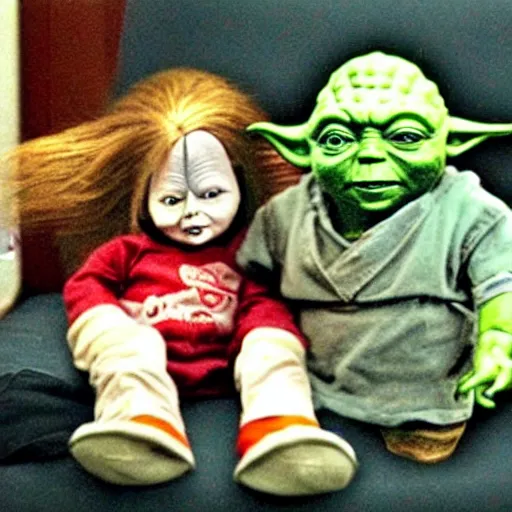 Image similar to Yoda sitting on the couch next to Chucky the killer doll playing video games in a messy room