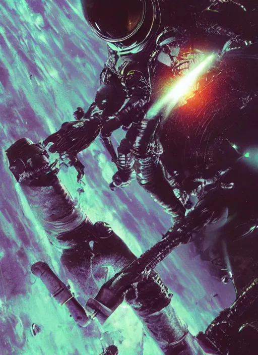 Image similar to astronaut in dark void underwater - complex and hyperdetailed technical suit design. reflection and dispersion materials. rays and dispersion of light. volumetric light. f / 3 2. noise film photo. flash photography. ultra realistic, 5 0 mm. poster by wayne barlowe, hajime sorayama aaron horkey, craig mullins