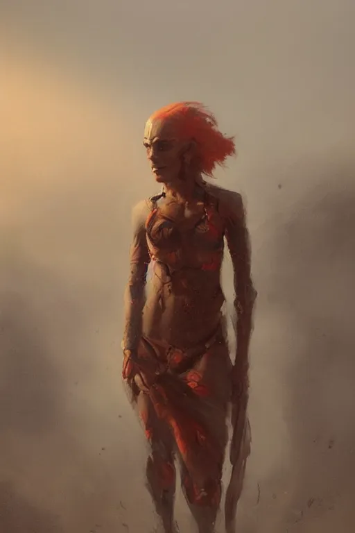 Prompt: Mars Bringer of War as a 19-year old girl figure, Martian tattoos, subject wearing a Martian pattern dress, cinematic light, volumetric shading, by Jeremy Mann and greg rutkowski, muted Martian colors, with few red-orange highlights, trending on artstation, 80 mm lens, oil on canvas