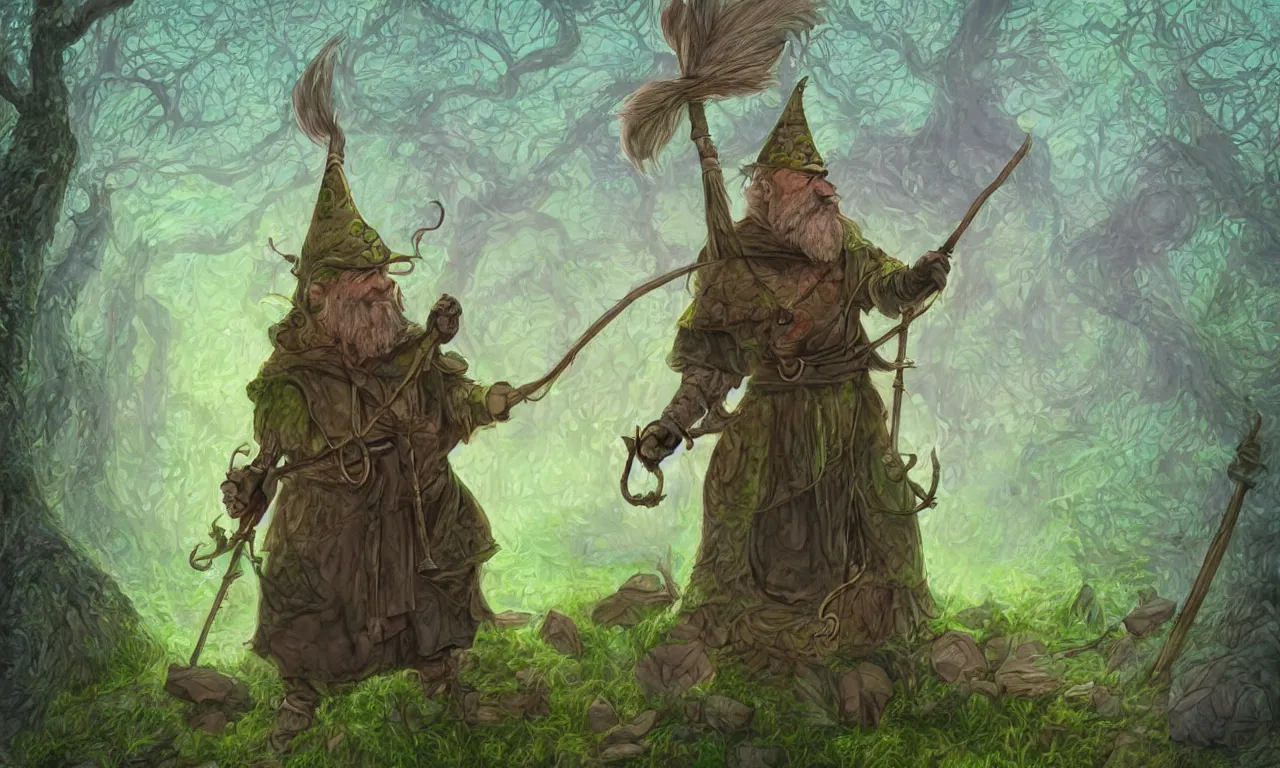 Image similar to a wizard with a staff, discworld theme, moss, nordic, pastel colors, 3 d art, digital illustration, perfect lighting