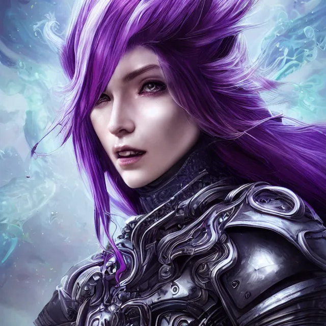 Prompt: close facial portrait of a pale woman in futuristic leather armor with flowing purple hair, elegant, stoic, intense, ultrafine hyperdetailed illustration by kim jung gi, irakli nadar, intricate linework, sharp focus, bright colors, octopath traveler, final fantasy, hearthstone, highly rendered, global illumination, radiant light, detailed, intricate environment
