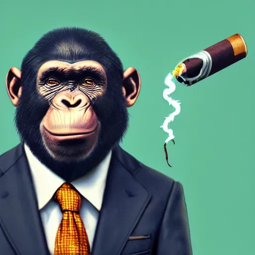 Image similar to a high detail photo of an antropomorphic chimp wearing a suit smoking a cigarrette, subject= chimp, subject detail: wearing a suit, subject action: smoking a cigar, photorealism, dramatic lighting, award winning photograph, trending on artstation