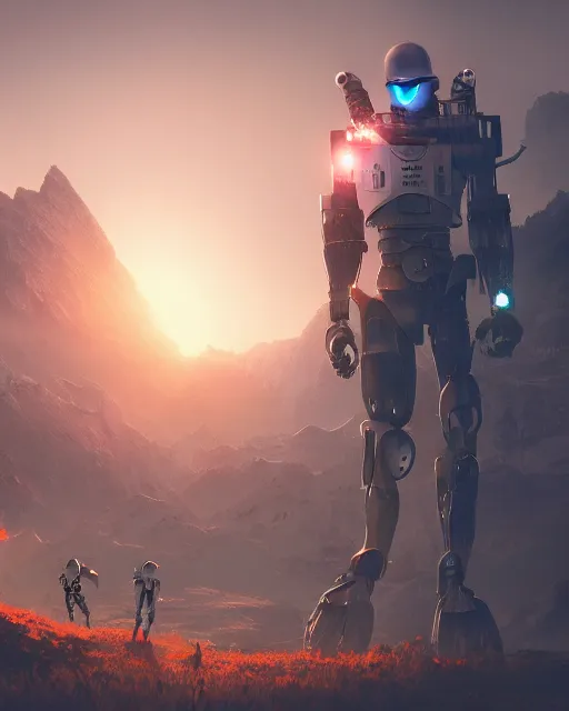 Image similar to friendly carrot cyborg, robocop, scifi farm, morning light, cinematic, mountains, epic design, atmosphere, welcoming smile, high quality, perfect, 8 k high detail, masterpiece, trending on artstation, by akihiko yoshida