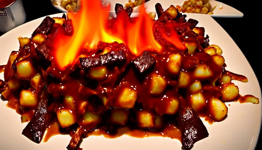 Prompt: poutine ( the canadian meal ) from mount doom, volcano texture, lava texture, fire texture, cheese curds texture