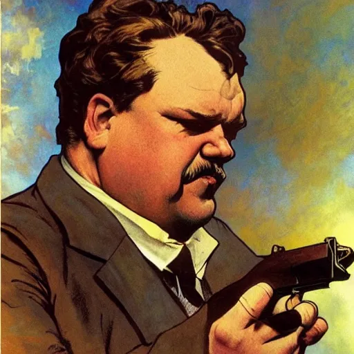 Prompt: gk chesterton as a hero with muscles and a shotgun. portrait by james gurney and craig mullins and alphonso mucha. realistic face. expressive face.