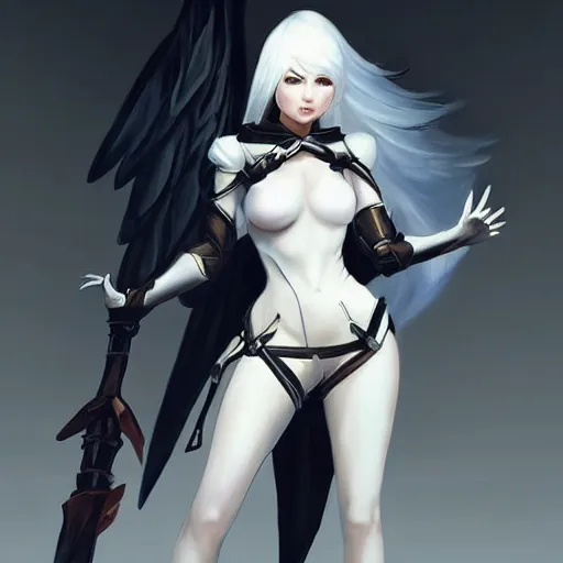 Image similar to greg manchess painting of a 2 yorha type a no. 2 as mercy from overwatch!!, white long hair, large white wings, painting, trending on artstation, by huang guangjian and gil elvgren and sachin teng